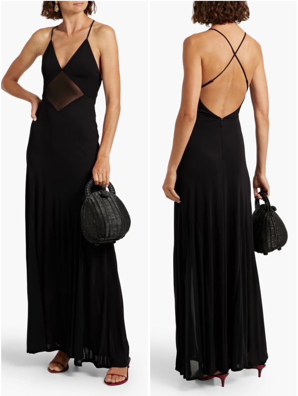 Staud Fleur Mesh Trimmed Jersey Maxi Dress Black Large NWT New